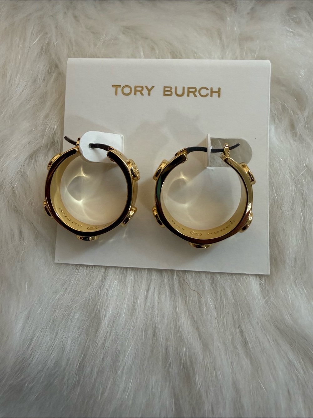 Tory Burch Polished Gold Hoop Earrings with Logo Discs - Picture 2 of 3